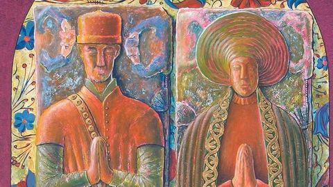 Los esposos Alfonso de Carballido, mercader, y Clara Snchez, interpretados a partir de sus sepulcros del Museo das Marias (Betanzos). Pintura elaborada por Alfredo Erias con la tcnica mixta sobre tabla (2006, coleccin Xente no Camio).