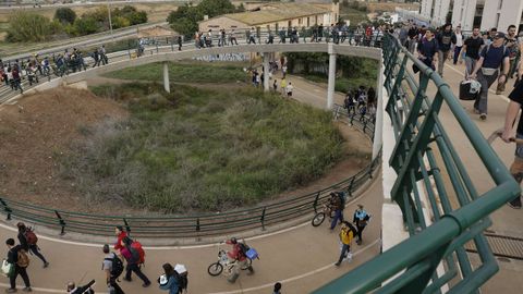 Varias personas intentan organizar el trfico de esta pasarela peatonal que cruza la V-30, donde miles de personas caminan en direccin a las zonas afectadas por la dana.