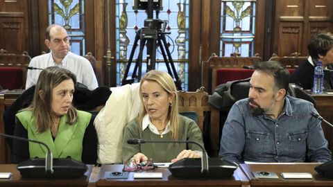 La presidenta de la Federaci�n Asturiana de Empresarios (FADE), Mar�a Calvo Carvajal (i), la representante de UGT. Mar Celem�n Santos (c), y el secretario general de CCOO de Asturias, Jos� Manuel Zapico (d), conversan al inicio de su comparecencia en la Comisi�n de Hacienda d