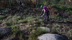 Dos voluntarios de la jornana desbrozando la zona de los petroglifos