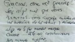 Fotograf�a del mensaje de agradecimiento que un residente dej� a los sanitarios de Pi�or