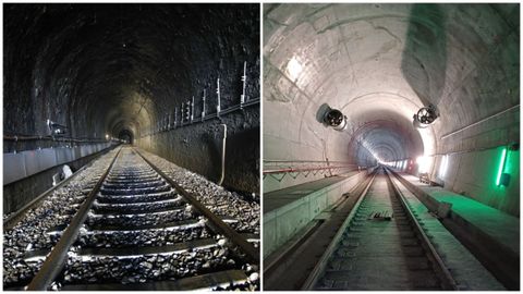 Dos tneles, dos realidades. A la izquierda se puede ver el tnel de Oural, habilitado desde 1883, con 19 metros de seccin, y mejorado con el paso de los aos, pero en su inicios fue trampa para varios trabajadores del ferrocarril. A la derecha el nuevo, con 52 metros, aceras y barandillas, adems de tres galeras de escape