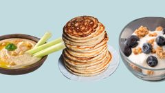 En la imagen, hummus, tortitas de avena y yogur con granola. 