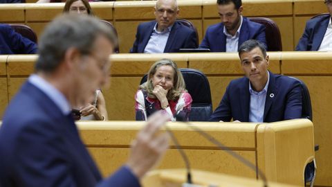 El presidente del Gobierno, Pedro S�nchez, escucha la intervenci�n del l�der del PP, Alberto N��ez Feijoo, durante un pleno del Senado el pasado mes de septiembre.