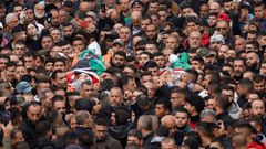 Entierro de los dos hermanos palestinos, de 21 y 22 a�os, muertos por fuego israel� en Kfar Ein, un pueblo cerca de Ramala.