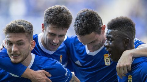 Viti, Jimmy, Borja Snchez y Obeng celebran el 1-0 ante el Amorebieta