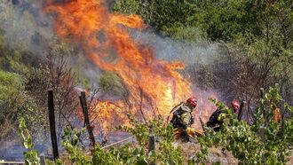 Varios bomberos forestales trabajando en la extincin del fuego de A Pobra do Brolln y Quiroga.