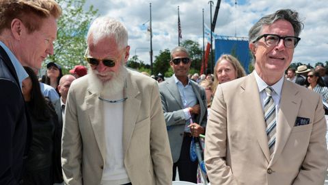 Los presentadores de televisi�n Conan O'Brien, David Letterman y Stephen Colbert