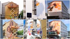 Arriba, una fotograf�a de la elaboraci�n de los tres murales tomada la semana pasada; abajo, las mismas fachadas fotografiadas este lunes.