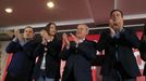 Miguel Tomé, Lara Méndez, José Tomé y José Ramón Gómez Besteiro en el mitin de este sábado en Monforte
