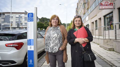 Mar�a Teresa y Mari Carmen, en una de las paradas del autob�s del barrio.