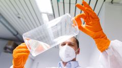Un trabajador de Bavarian Nordic, el laboratorio alemn que fabrica la vacuna ms moderna contra la viruela, sostiene un recipiente de ensayo