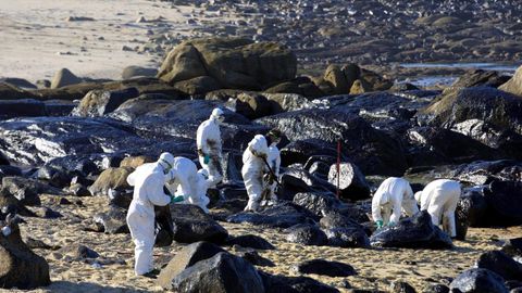 Voluntarios limpiando la playa de Baso�as (Porto do Son)