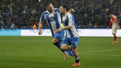 Lucas Prez y David Mella festejan el gol del Deportivo al Sporting