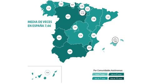 Mapa de las relaciones sexuales mensuales promedio por comunidades autónomas