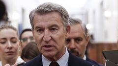 El l�der del PP, Alberto N��ez Feijoo, atiende a la prensa en los pasillos del Congreso.