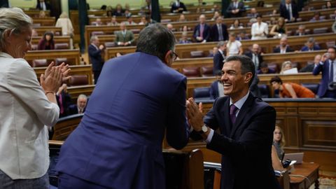 El presidente del Gobierno, Pedro Snchez, recibe la felicitacin del portavoz socialista en el Congreso, Patxi Lpez, en el pleno extraordinario del pasado 9 de julio.
