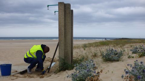 Tareas de limpieza en la playa de A Frouxeira
