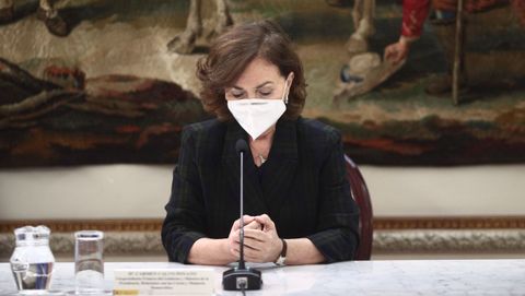 La vicepresidenta primera del Gobeirno, Carmen Calvo, este viernes durante la inauguración de la mesa redonda por el 42 aniversario de la reforma de la Ley de peligrosidad y rehabilitación social