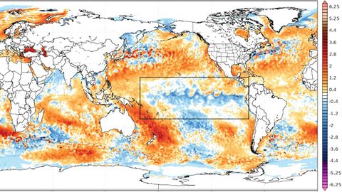 Mapa de las anomalías actuales en la temperatura del agua de la Tierra