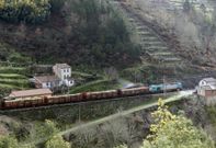 Un tren de mercanc�as pasa por el apeadero de Areas, de camino a la estaci�n de Ourense. 