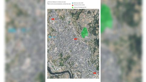 En rojo las parcelas que cede el Concello, en azul las que cede el IGVS y en verde el mbito del PIA licitado por el IGVS