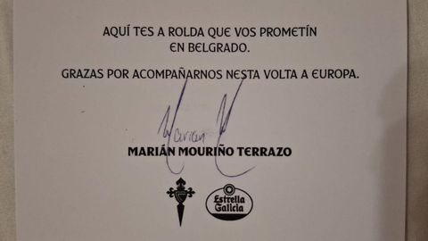 El mensaje de Mari�n Mouri�o que acompa�a al regalo enviado a los celtistas que acudieron a Belgrado.