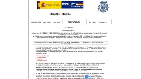 Imagen de una falsa notificacin de la Polica Nacional.