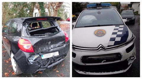Estado en el que quedaron el vehículo fugado (izquierda) y un coche patrulla de la Policía Local (derecha) tras la persecución.