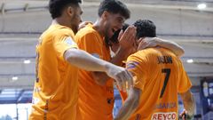 Meira, Pitero, Charly y Jason celebran un gol del Burela FS frente al Melistar.