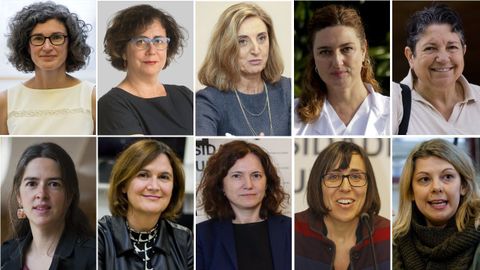 De izquierda a derecha (arriba), Marga Novales, ingeniera de Caminos; Patricia Faraldo, catedrtica de Derecho Penal; Amparo Alonso, catedrtica de Inteligencia Artificial; Margarita Poza, microbiloga; Nieves R. Brisaboa, catedrtica de Lenguajes y Sistemas Informticos; (abajo) Susana Ladra, ingeniera informtica; Minia Manteiga, catedrtica de Astrofsica; Margarita Amor, catedrtica en Ingeniera de Computadoras; Mnica Ferrn, politloga, y Adina Dumitru, psicloga ambiental.