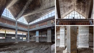 Patio central del Centro Oceanogr�fico de A Coru�a con la cubierta, inspirada en las velas n�uticas y, a la derecha, abajo, detalle de la cimentaci�n