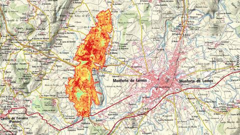 Grados de severidad. Uno de los mapas realizados por el ingeniero forestal Celso Coco indica en qué medida afectó el fuego a la vegetación en las zonas quemadas. El rojo significa muy afectado; el naranja, bastante afectado; el amarillo, levemente afectado y el verde, sin afectar