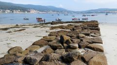 Restos de la ostreira del siglo XIX que se asienta sobre la antigua trampa medieval para peces en la isla de Tambo