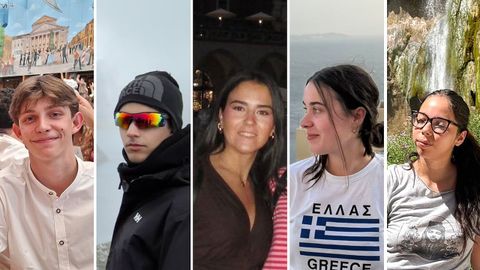 Samuel Ogando, Iago Prol, Laura Varela, Irene P&eacute;rez y Andrea Rodr&iacute;guez, de izquierda a derecha, en sus lugares de destino.