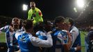 Los jugadores del Deportivo celebran el gol del triunfo ante la Cultural Leonesa.