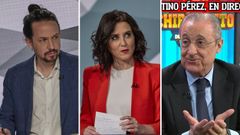 Pablo Iglesias e Isabel Daz Ayuso, durane el debate de Telemadrid; Florentino Prez, en el Chiringuito antes de que fracasara su proyecto de Superliga