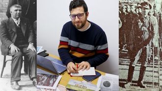 El investigador David Lozano, en el centro, con dos im�genes de Mart�n Ferreiro, a la izquierda, y Julio Mart�nez Arias, a la derecha. Estos dos deportados de A Coru�a son los primeros protagonistas de una serie sonora que pone voz a las cartas de los gallegos que murieron en Mauthausen