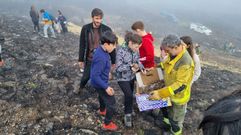 Escolares de Trives esparcen paja y bombas de semillas en montes quemados de Manzaneda