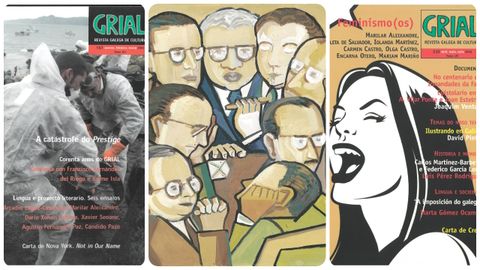 Tres imaxes que ilustras alg�ns fitos de Galaxia: a Colecci�n Grial e a revista. No medio das d�as portadas, cadro de�Xohan Ledo.