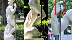 Desperfectos en la escultura de Neptuno del Campo San Francisco de Oviedo