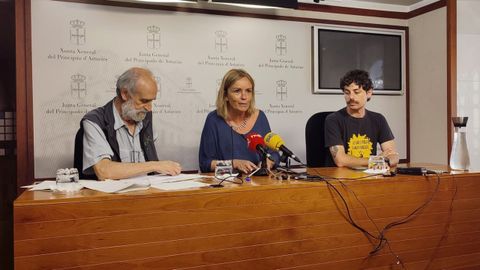 La diputada del Grupo Mixto en la Junta General del Principado de Asturias, Covadonga Tom�, junto a los representantes de CSI, Juan Manuel Mart�nez Morala, y de AMA Asturies, Adri�n Garc�a