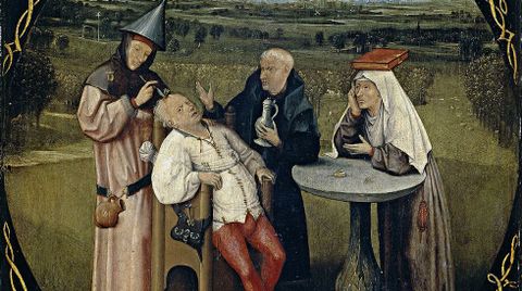 En �Extracci�n de la piedra de la locura� (1494, Museo del Prado) El Bosco hace una s�tira de los falsos curanderos, que funcionan gracias a la ignorancia popular