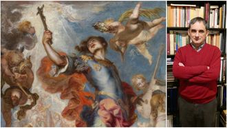 Javier Portús, jefe de la colección de pintura española del Barroco del Prado, junto a un detalle del lienzo «El triunfo de San Hermenegildo» (1654), obra del pintor y arquitecto Francisco de Herrera el Mozo (Sevilla, 1627-Madrid, 1685).