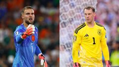 Bart Verbruggen (izquierda) y Manuel Neuer, durante sus respectivos partidos de dieciseisavos de final del Mundial.