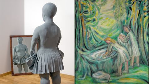 Dos obras. A Juan Muñoz pertenece esta especie de menina que se levanta la falda ante el espejo (foto de la izquierda). En la imagen de abajo, «Lavandeiras» de Colmeiro, uno de los artistas gallegos que integran la colección.