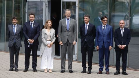 La ministra de Transporte, Raquel Snchez; Felipe VI; el presidente del Cercle d' Economa, Jaume Guardiola, y el lder del PSC, Salvador Illa, esta maana en Barcelona