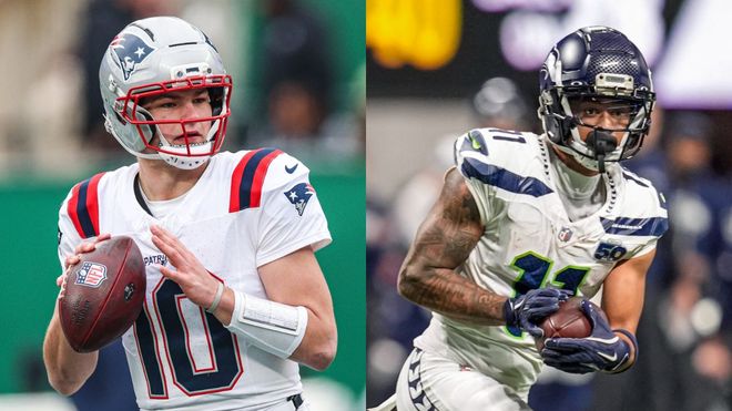 Drake Maye, de los Patriots, y Jaxon Smith Njigba, de los Seahawks
