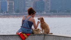 Una mujer y su perro en la playa del Rinconn, en Gijn