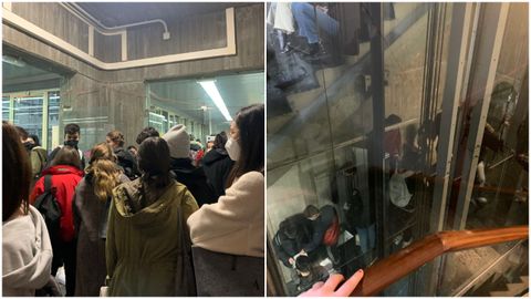 Estudiantes aglomerados en los pasillos y escaleras de la facultad de Arquitectura este lunes antes de un examen